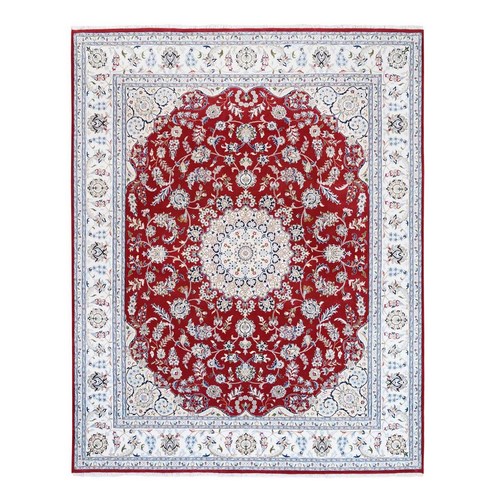 Red Wool and Silk Nain 250 KPSI Center Medallion Design Hand Knotted Fine Oriental Rug