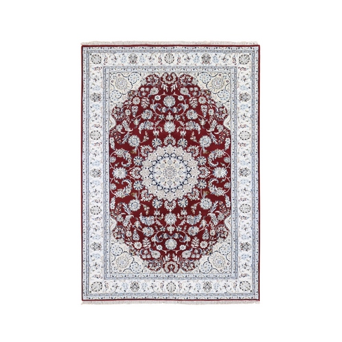 Red Wool and Silk Fine Nain with Center Medallion Design 250 KPSI Hand Knotted Oriental Rug
