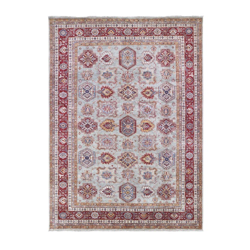 Silver Gray Afghan Super Kazak In a Colorful Pattern Soft and Pliable Wool Hand Knotted Oriental 