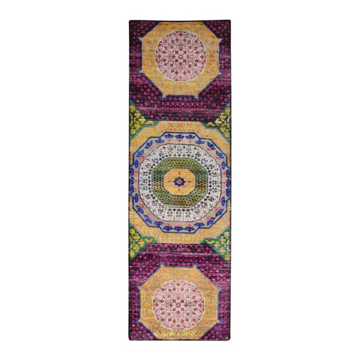 Sari Silk with Textured Wool Mamluk Design Wide Runner Colorful Hand Knotted Oriental Rug