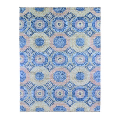 Denim Blue Mamluk Repetitive Design with Pastel Colors Hand Knotted Pure Wool Oriental Rug