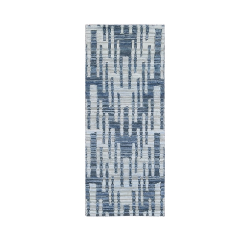 Blue Pure Silk and Textured Wool Runner Zigzag with Graph Design Hand Knotted Oriental Rug