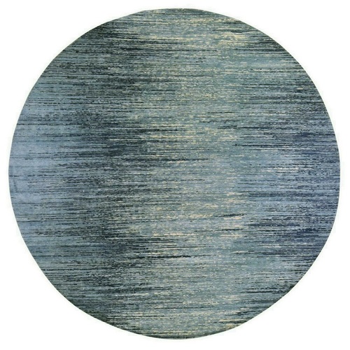 Pure Wool Horizontal Ombre Design Blue Oceanic Hand Knotted Round Oriental Rug