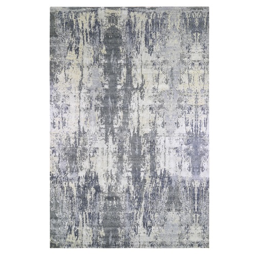 Oversized Abstract Design with Persian Knot Wool and Silk Denser Weave Charcoal Gray Hand Knotted Oriental 