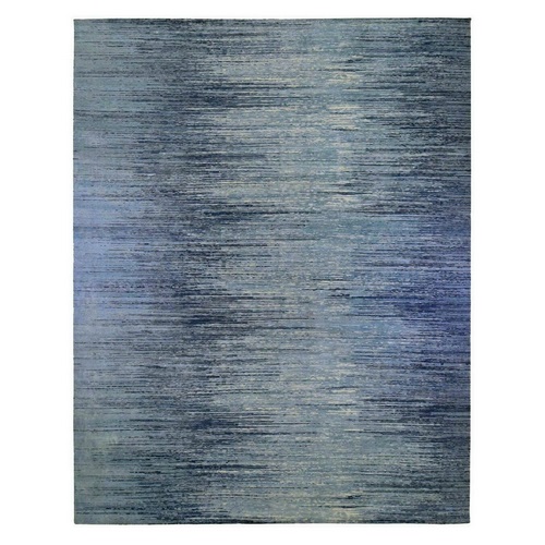 Oversized Blue Oceanic Pure Wool Horizontal Ombre Design Hand Knotted Oriental Rug