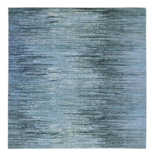 Pure Wool Horizontal Ombre Design Blue Oceanic Hand Knotted Square Oriental Rug