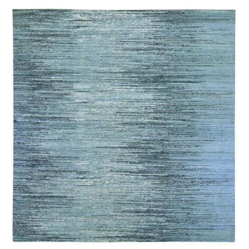 Pure Wool Horizontal Ombre Design Blue Oceanic Hand Knotted Square Oriental Rug