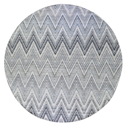 Gray-Blue Chevron Design Textured Wool and Pure Silk Hand Knotted Round Oriental Rug
