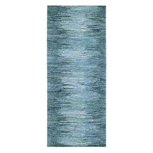 Horizontal Ombre Design Pure Wool Blue Oceanic Hand Knotted Oriental Wide Runner Rug