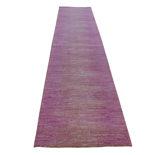 Pink with Touches of Ivory Hand Knotted Thick and Plush Pure Wool Only Horizontal Ombre Design Oriental Runner Rug