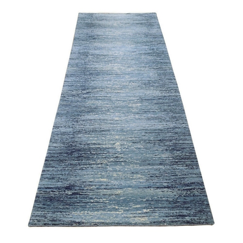 Horizontal Ombre Design Blue with Touches of Ivory Hand Knotted Pure Wool Only Oriental Runner Rug