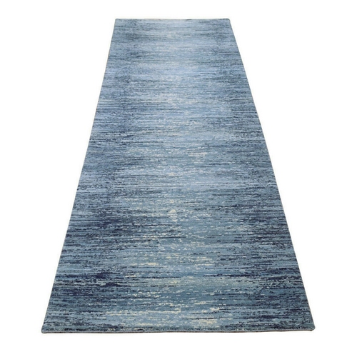 Hand Knotted Pure Wool Only Horizontal Ombre Design Blue with Touches of Ivory Oriental Runner Rug