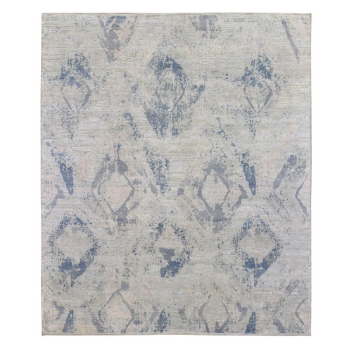 Silver Blue Silk with Textured Wool Modern Hand Knotted Large Elements with Pastels Oriental Rug
