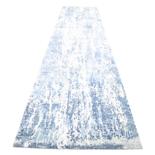 Hand Knotted Denim Blue Abstract Design Wool and Real Silk Extra Large Wide Runner Oriental 