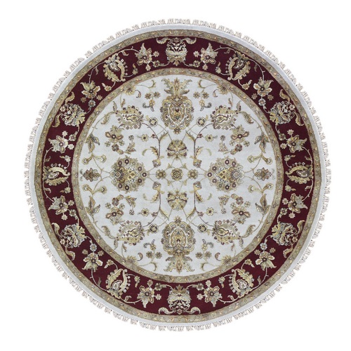 Ivory Rajasthan Half Wool and Half Silk Floral Design Thick and Plush Hand Knotted Round Oriental Rug
