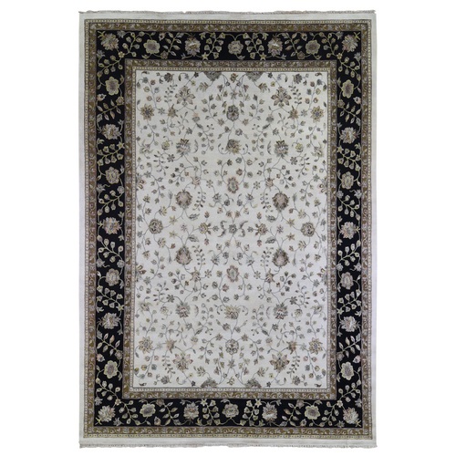 Ivory with a Black Border Half Wool and Half Silk Thick and Plush Rajasthan Hand Knotted Oriental Rug