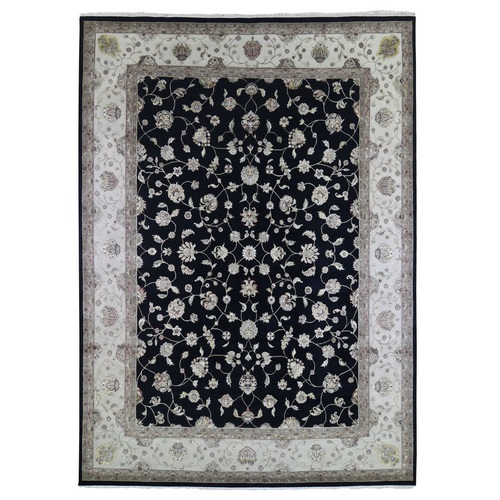 Black Half Wool and Half Silk Rajasthan Flower Design Hand Knotted Oriental Rug