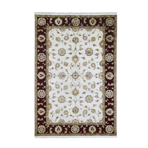 Ivory Rajasthan Half Wool and Half Silk Floral Design Thick and Plush Hand Knotted Oriental 