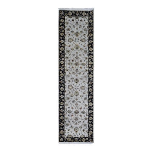 Ivory Rajasthan Half Wool and Half Silk Floral Design Thick and Plush Hand Knotted Runner Oriental 