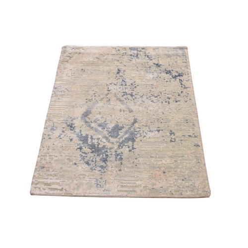 Ivory Large Elements with Pastels Modern Silk with Textured Wool Hand Knotted Oriental Rug