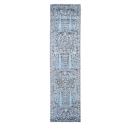 Charcoal Black Cypress Tree Design Silk with Textured Wool Hand Knotted Runner Oriental Rug 