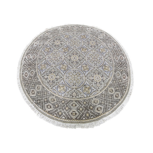 Brown and Gray Textured Wool and Silk Mughal Inspired Medallions Round Hand Knotted Oriental Rug