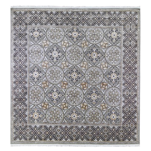 Textured Wool and Silk Square Mughal Inspired Medallions Design Hand Knotted Brown and Gray Oriental Rug