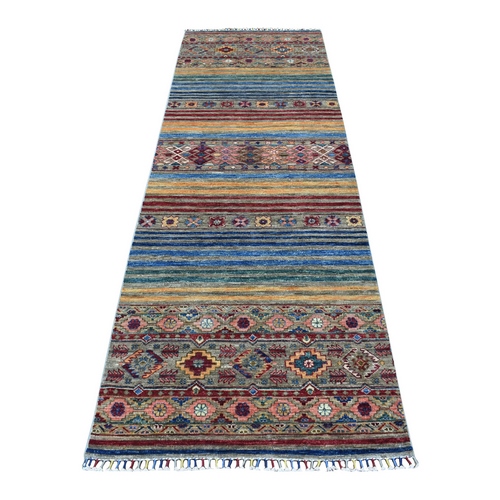 Red Super Kazak Khorjin Design Pure Wool With Pop Of Color and Colorful Tassles Hand Knotted Oriental Runner 