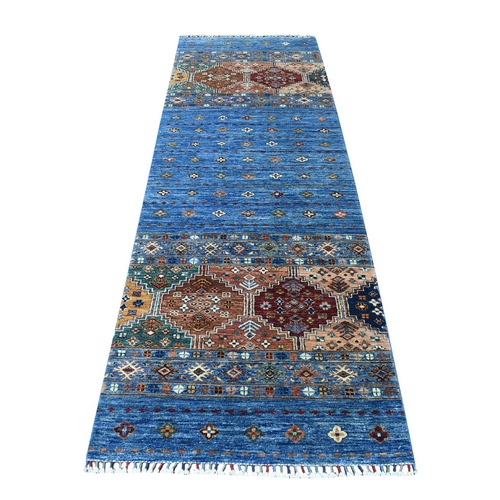 Blue Super Kazak With Pop Of Color Khorjin Design With Colorful Tassels Hand Knotted Pure Wool Oriental Runner 