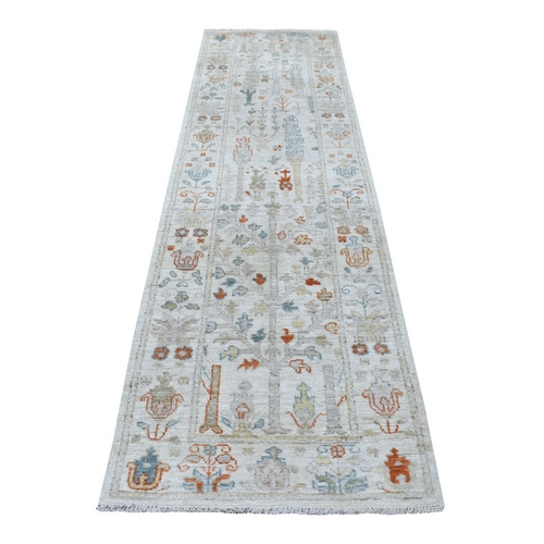 Ivory Angora Oushak With Cypress Tree Design Hand Knotted Glimmery Wool Oriental Runner Rug