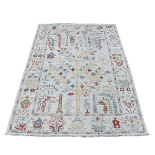 Hand Knotted Ivory Angora Oushak With Willow Tree Design Pure Wool Oriental Rug 


