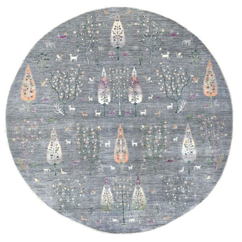 Gray Peshawar Folk Art Willow and Cypress Tree Design Hand Knotted Borderless Round Oriental Rug