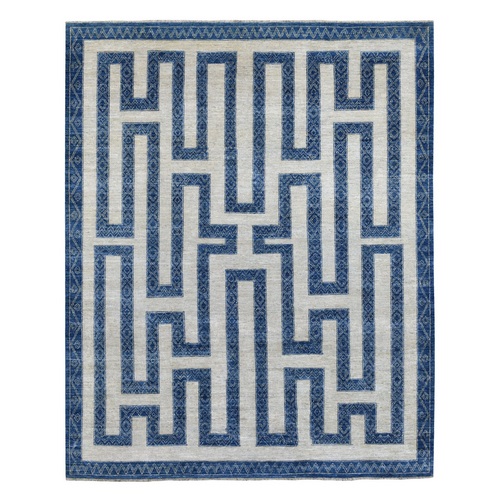 Blue Shiny Wool Maze Design With Berber Influence Hand Knotted Soft, Velvety Plush Oriental Rug