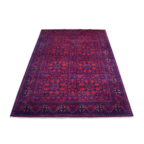 Deep and Saturated Red Hand Knotted Afghan Khamyab with Geometric Design Denser Weave with Shiny Wool Oriental Rug