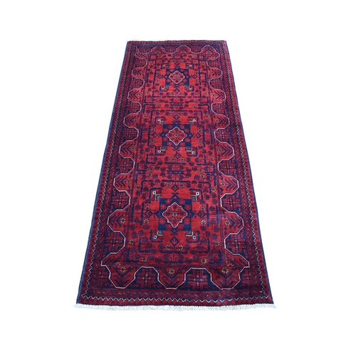 Saturated Red with Pop of Navy Blue Afghan Khamyab Hand Knotted Denser Weave with Shiny Wool Runner Oriental Rug