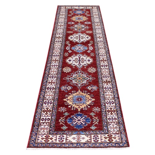 Soft Natural Wool Hand Knotted Brick Red Super Kazak with Tribal Medallions Oriental Runner 