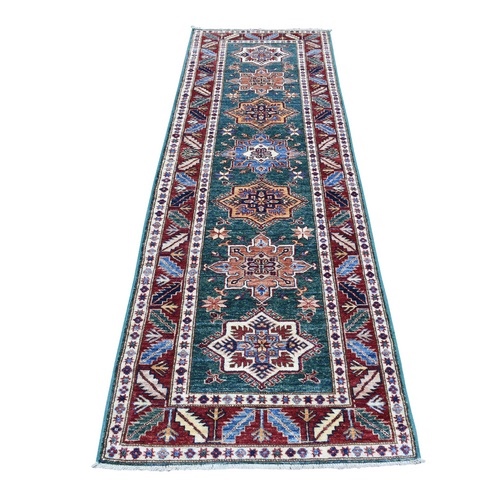 Super Kazak with Geometric Medallions Hand Knotted Shiny Wool Green Oriental Runner 