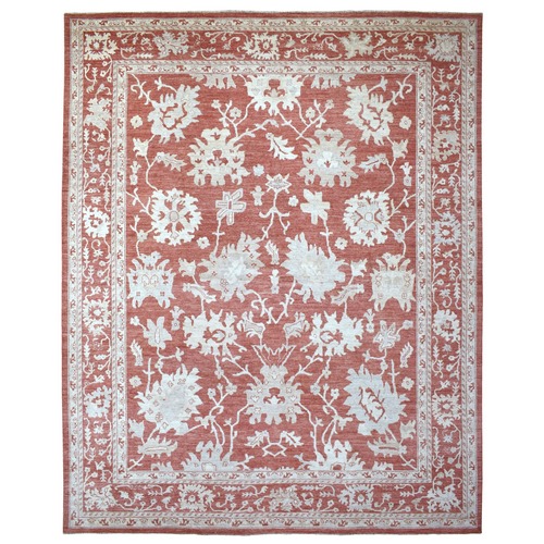 Angora Oushak with Floral All Over Design Hand Knotted Brick Red Soft Afghan Wool Oriental Oversized 
