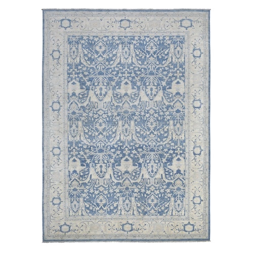 Denim Blue, Soft Wool Hand Knotted White Wash Peshawar, Natural Dyes Densely Woven, Oriental Rug