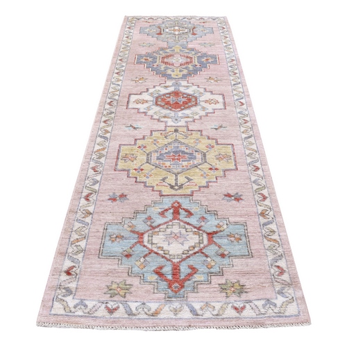 Silvery Pink, Hand Knotted Pure Wool, Anatolian Village Inspired Design with Large Medallions, Runner Oriental 