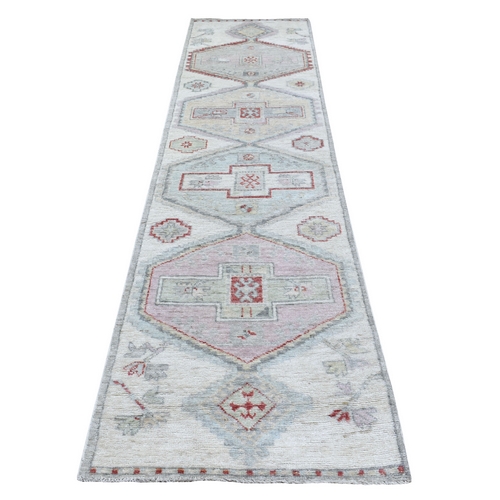 Ivory, Anatolian Village Inspired Design with Large Tribal Medallions, Soft Wool Hand Knotted, Runner Oriental Rug