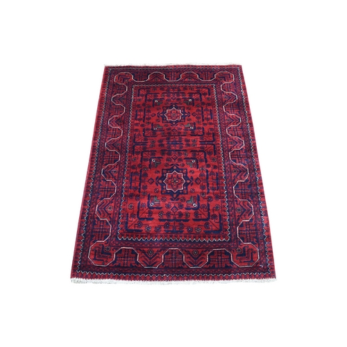 Hand Knotted Deep and Saturated Red Denser Weave with Shiny Wool Afghan Khamyab with Double Medallions Design Oriental Rug