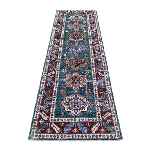 Green Super Kazak with Star Medallions and Serrated Leaf Border Hand Knotted Natural Wool Oriental Runner 