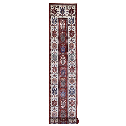 Soft, Vibrant Wool Rich Red Hand Knotted Super Kazak with Tribal Flower Design Oriental Extra Long and Wide Runner 