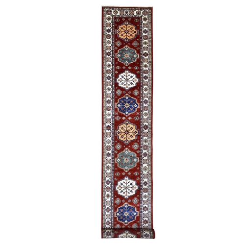 Extra Soft Wool Deep Red Super Kazak with Tribal Medallions Design Hand Knotted Oriental XL Runner 