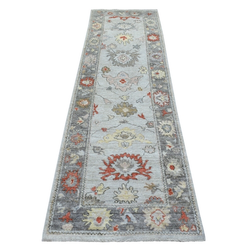 Pure Wool Hand Knotted Gray Angora Oushak with Large Motifs Oriental Runner 
