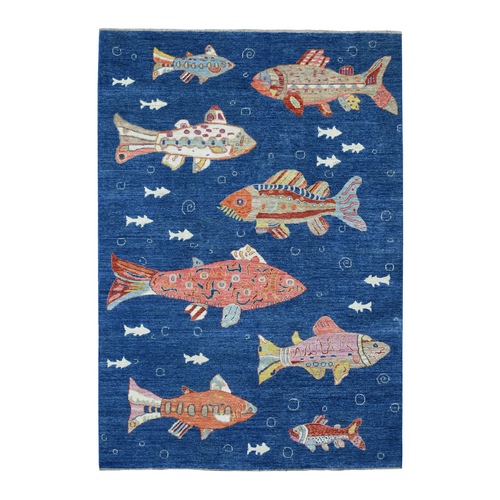 Navy Blue Afghan Peshawar Oceanic Colorful Fish Design Natural and Shiny Wool Hand Knotted Oriental Rug