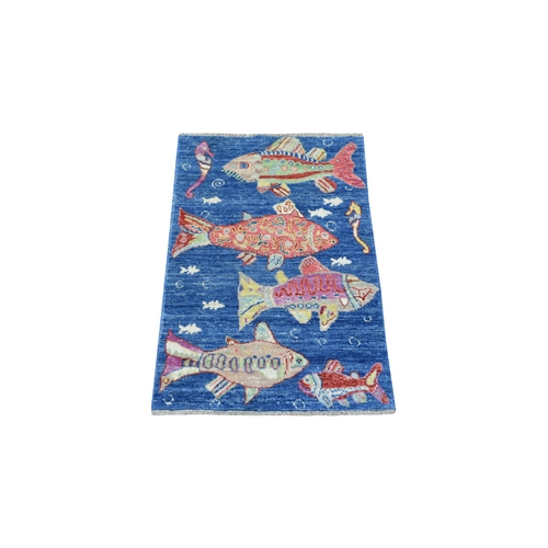 Hand Knotted Denim Blue Oceanic Fish Design with Bold Colors Soft Wool Oriental Mat Rug Hand Knotted Denim Blue Oceanic Fish Design with Bold Colors Soft Wool Oriental Mat Rug