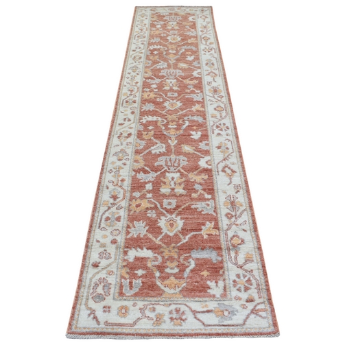 Extra Soft Wool Hand Knotted Soft Orange Angora Oushak with Flowing and Open Design Oriental Runner Rug