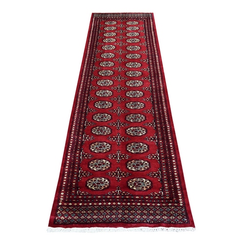 Mori Bokara with Geometric Medallions Design Deep Red Extra Soft Wool Hand Knotted Oriental Runner Rug